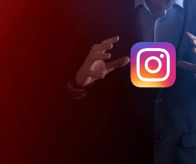 Digital marketing expert performing a strategic gesture around a floating Instagram logo, symbolizing social media marketing techniques.