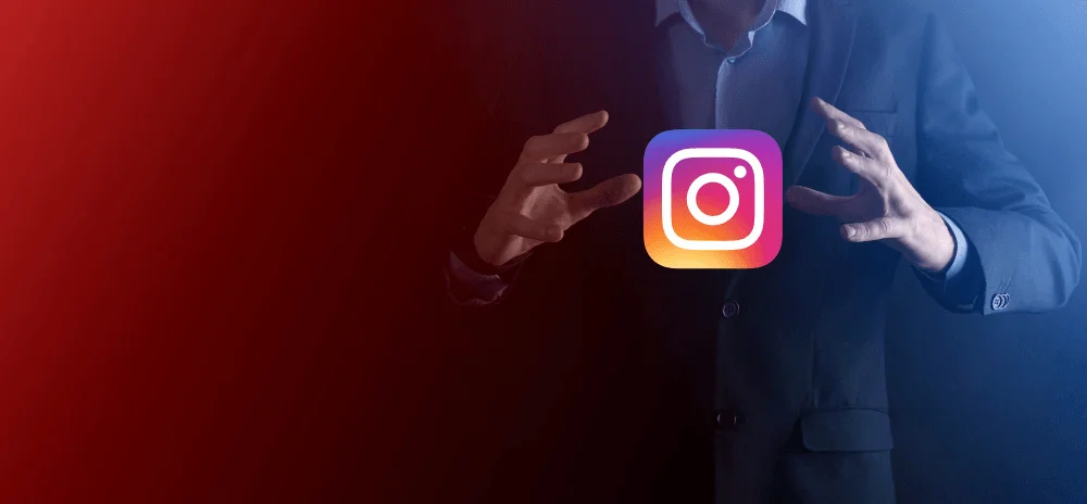 Digital marketing expert performing a strategic gesture around a floating Instagram logo, symbolizing social media marketing techniques.