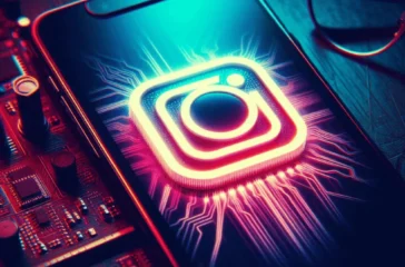 Instagram icon glowing on a smartphone screen with visible circuitry and eyeglasses in the background.