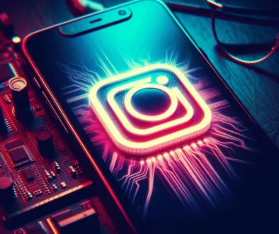 Instagram icon glowing on a smartphone screen with visible circuitry and eyeglasses in the background.