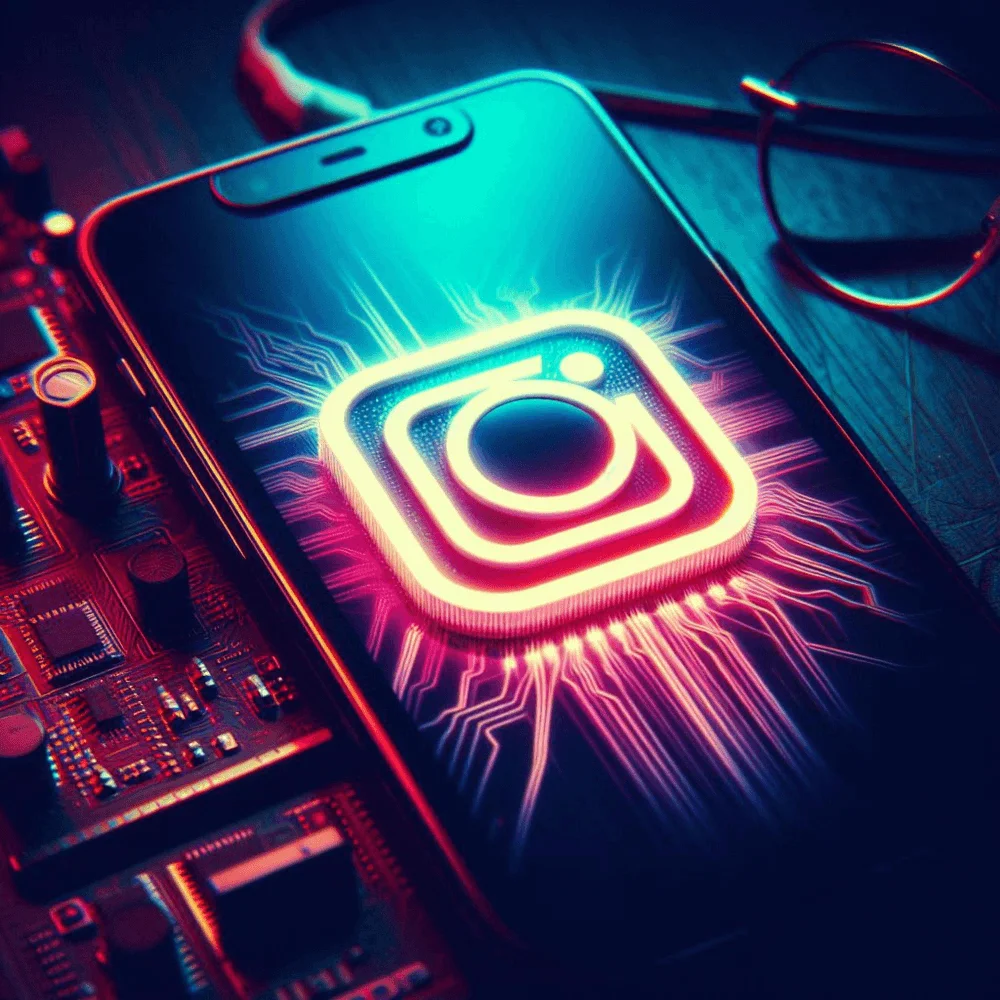 Instagram icon glowing on a smartphone screen with visible circuitry and eyeglasses in the background.