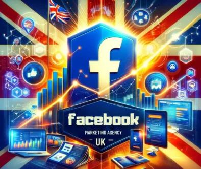 Illustration of Facebook Marketing Agency with UK Flag, Digital Marketing Graphs, and Devices Displaying Ads