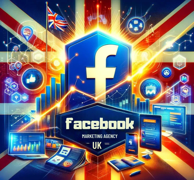 Illustration of Facebook Marketing Agency with UK Flag, Digital Marketing Graphs, and Devices Displaying Ads