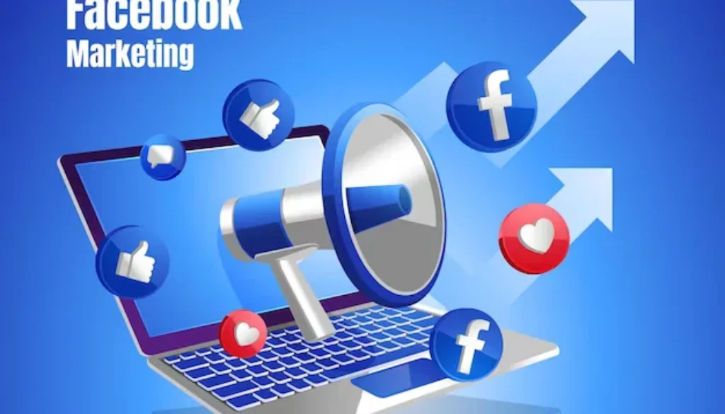 Graphic of Facebook marketing tools with magnifying glass and like icons over a laptop, indicating growth in Denver's social media reach.