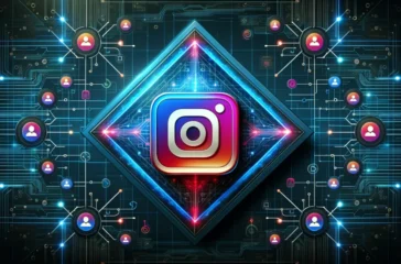 3D Instagram icon encased in a glowing diamond on a circuit board background symbolizing digital connectivity.