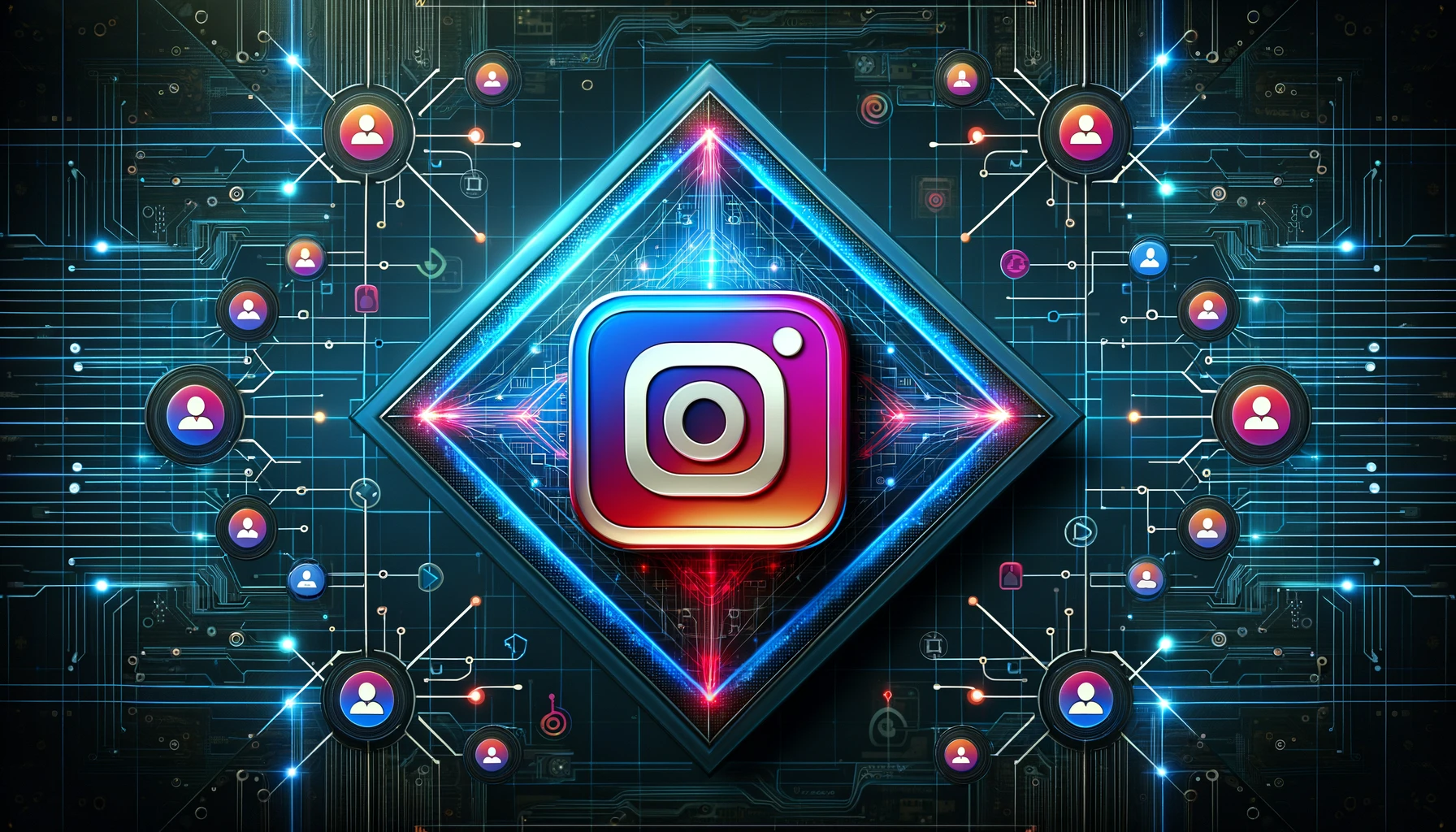 3D Instagram icon encased in a glowing diamond on a circuit board background symbolizing digital connectivity.