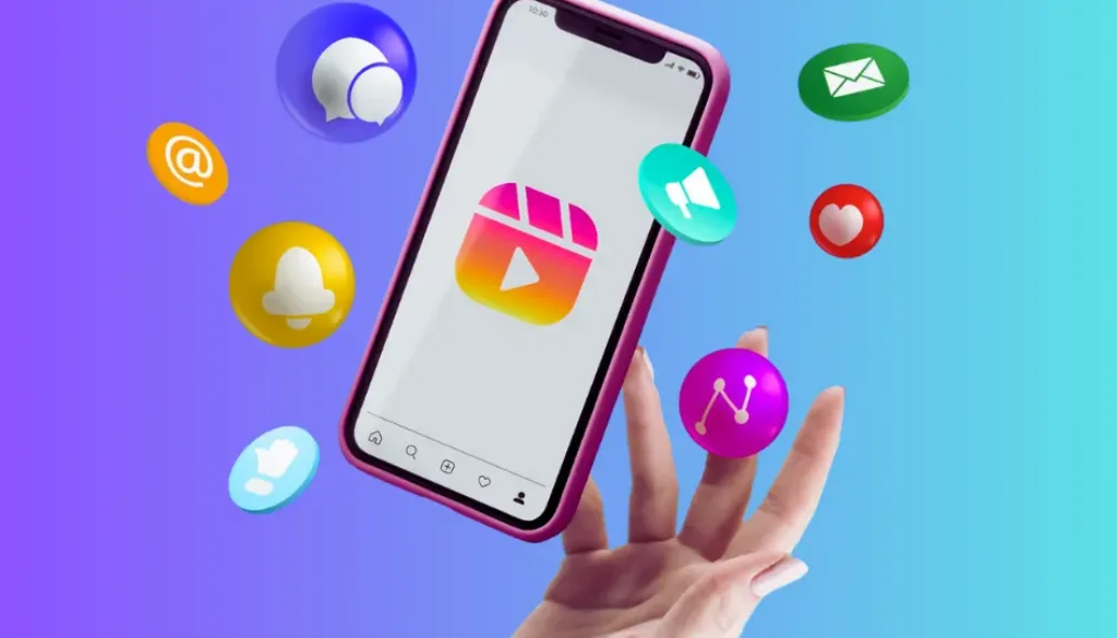 Hand tossing a smartphone with colorful social media and communication icons floating above it on a blue-purple gradient background.