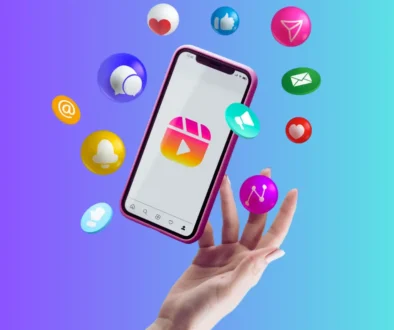 Hand tossing a smartphone with colorful social media and communication icons floating above it on a blue-purple gradient background.