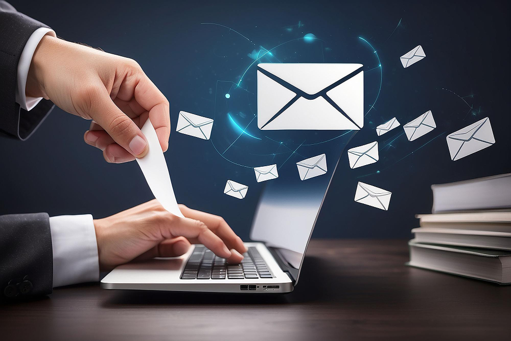 Businessman sending emails from a laptop with digital email icons floating around