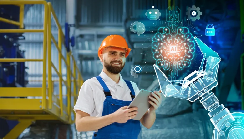 Engineer with a tablet, wearing an orange helmet, standing in an industrial setting with AI robotic arm and digital icons, highlighting engineering applications of artificial intelligence.