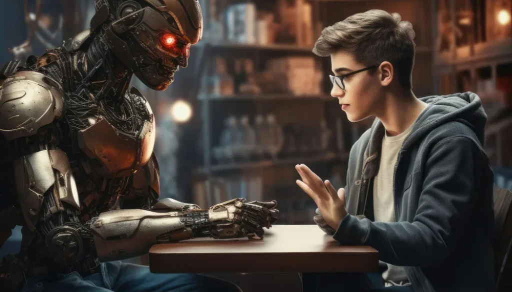 A young man sitting at a table, having a thoughtful conversation with a humanoid robot in a dimly lit room, highlighting the question, "which statement is true regarding artificial intelligence.