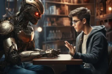 A young man sitting at a table, having a thoughtful conversation with a humanoid robot in a dimly lit room, highlighting the question, "which statement is true regarding artificial intelligence.