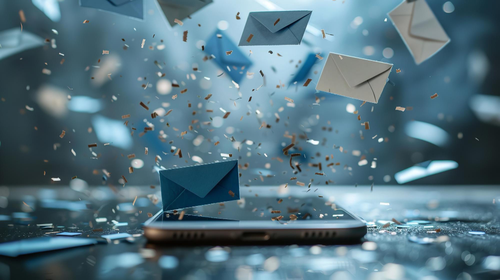 Smartphone surrounded by flying email icons, representing digital communication and email marketing.