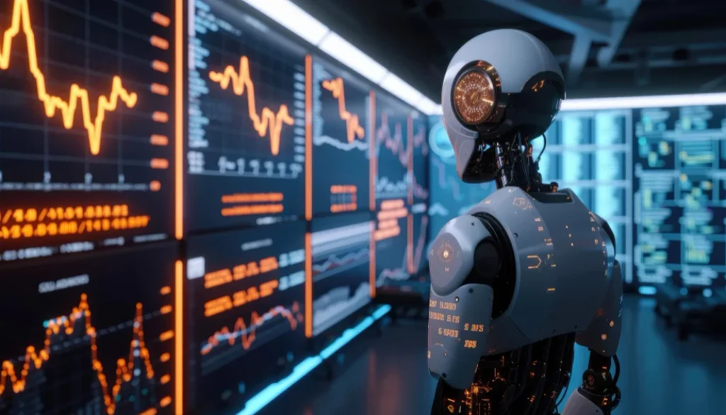 AI robot analyzing stock market data for artificial intelligence stocks in India