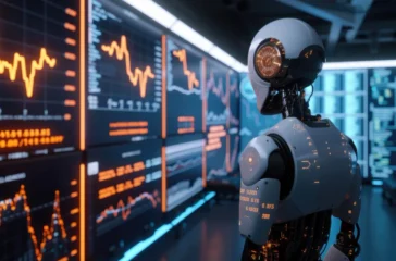 AI robot analyzing stock market data for artificial intelligence stocks in India