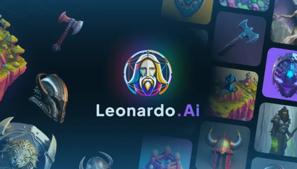 Leonardo.AI logo with various fantasy game assets including helmets, weapons, and landscapes.