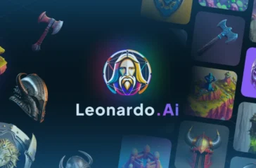 Leonardo.AI logo with various fantasy game assets including helmets, weapons, and landscapes.