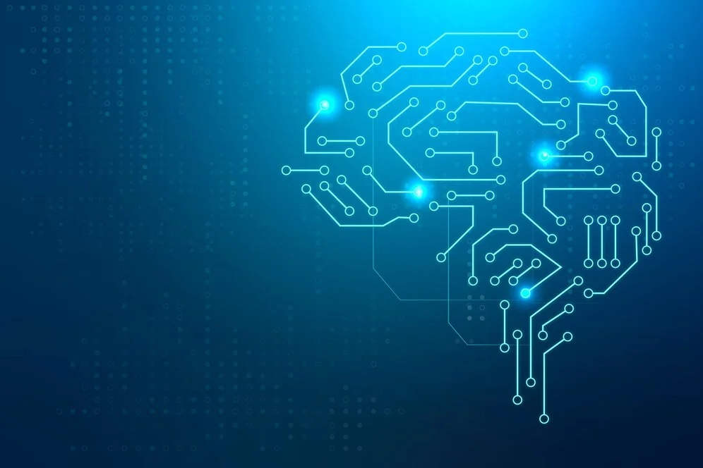 Artificial Intelligence poster featuring a digital brain with circuit patterns on a blue background.