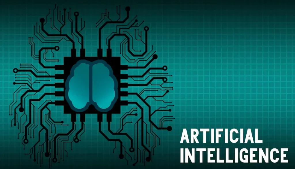 Artificial Intelligence poster featuring a brain integrated with circuit design on a grid background.