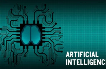 Artificial Intelligence poster featuring a brain integrated with circuit design on a grid background.