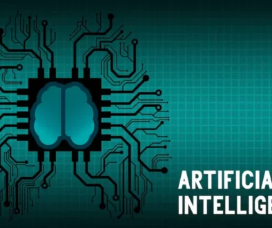 Artificial Intelligence poster featuring a brain integrated with circuit design on a grid background.