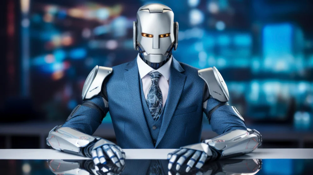 A humanoid robot in a business suit sits at a desk in a modern office, representing uncertainty in artificial intelligence.