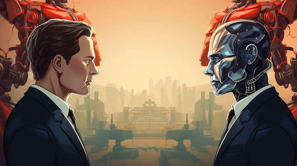 A human in a business suit faces a humanoid robot against a backdrop of an industrial city, illustrating uncertainty in artificial intelligence.