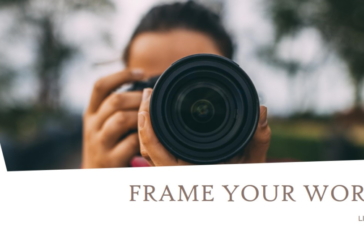 Close-up of a camera held by a photographer, emphasizing the phrase "Frame Your World" and inviting a fresh perspective. photo