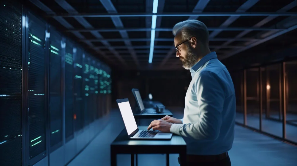 Cloud security engineer working on a laptop in a modern data center, surrounded by server racks.