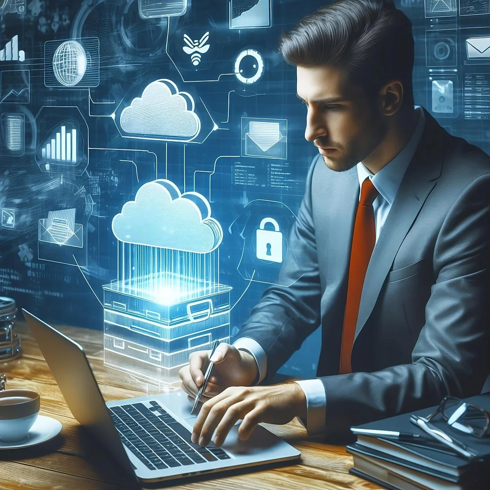 Cloud security engineer in a suit working on a laptop, with digital cloud icons and security symbols overlaying the image.