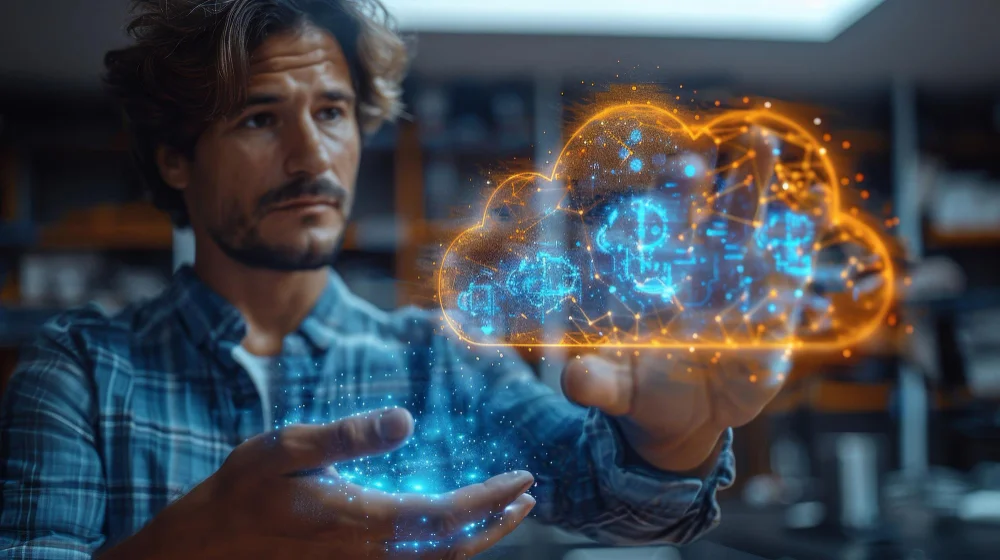 Man interacting with a holographic hybrid cloud security interface