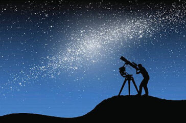 Person stargazing through a telescope under a starry night sky.