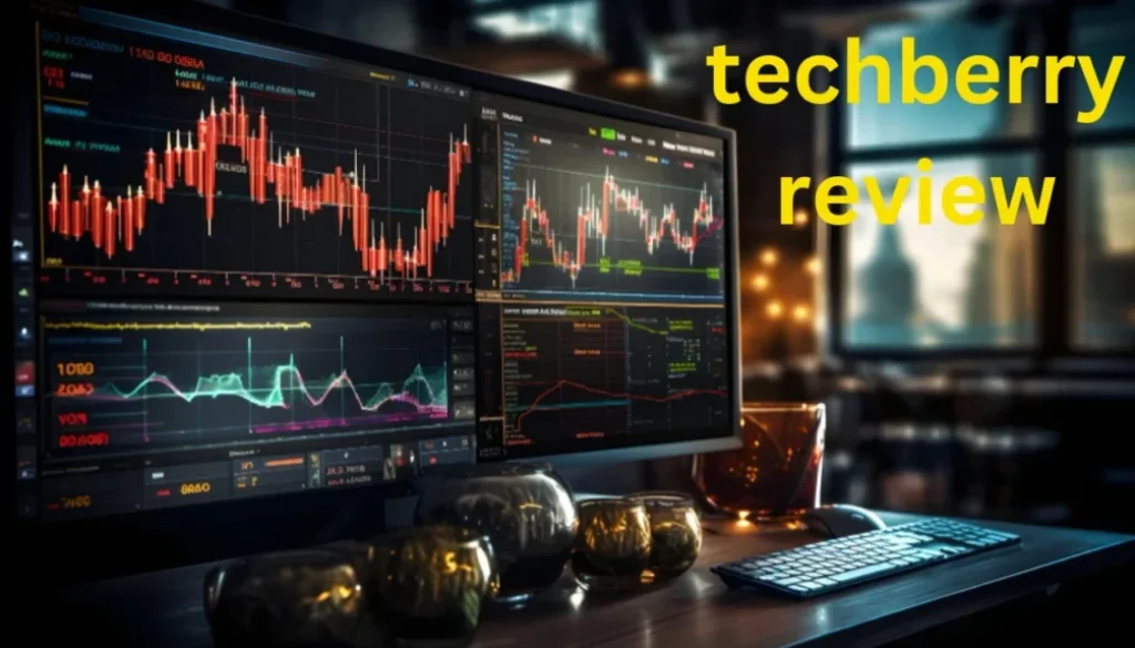 A trading setup with financial charts on monitors, "techberry review" text overlay.