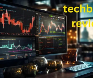 A trading setup with financial charts on monitors, "techberry review" text overlay.