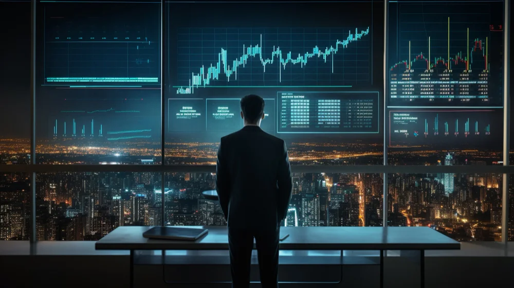 A person viewing multiple stock market charts in a modern city office.